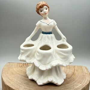 Potpourri Group Ceramic Lady Figurine Bud Vase Makeup Brush Holder White Blue